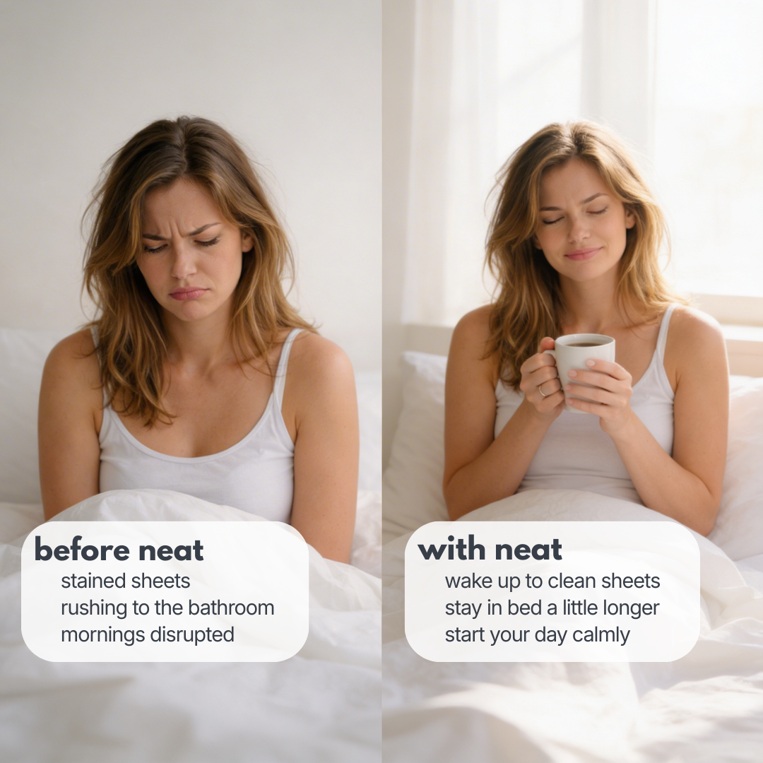 comparison showing disrupted period mornings versus calm mornings with neat overnight period underwear