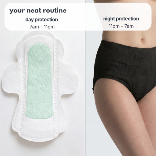 day and night menstrual care routine with neat pads and overnight underwear
