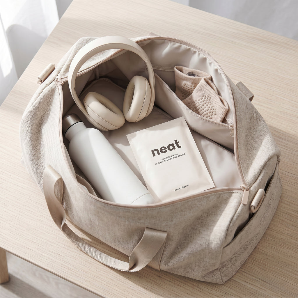 portable discreet modern menstrual care pad packed inside a beige gym pilates bag