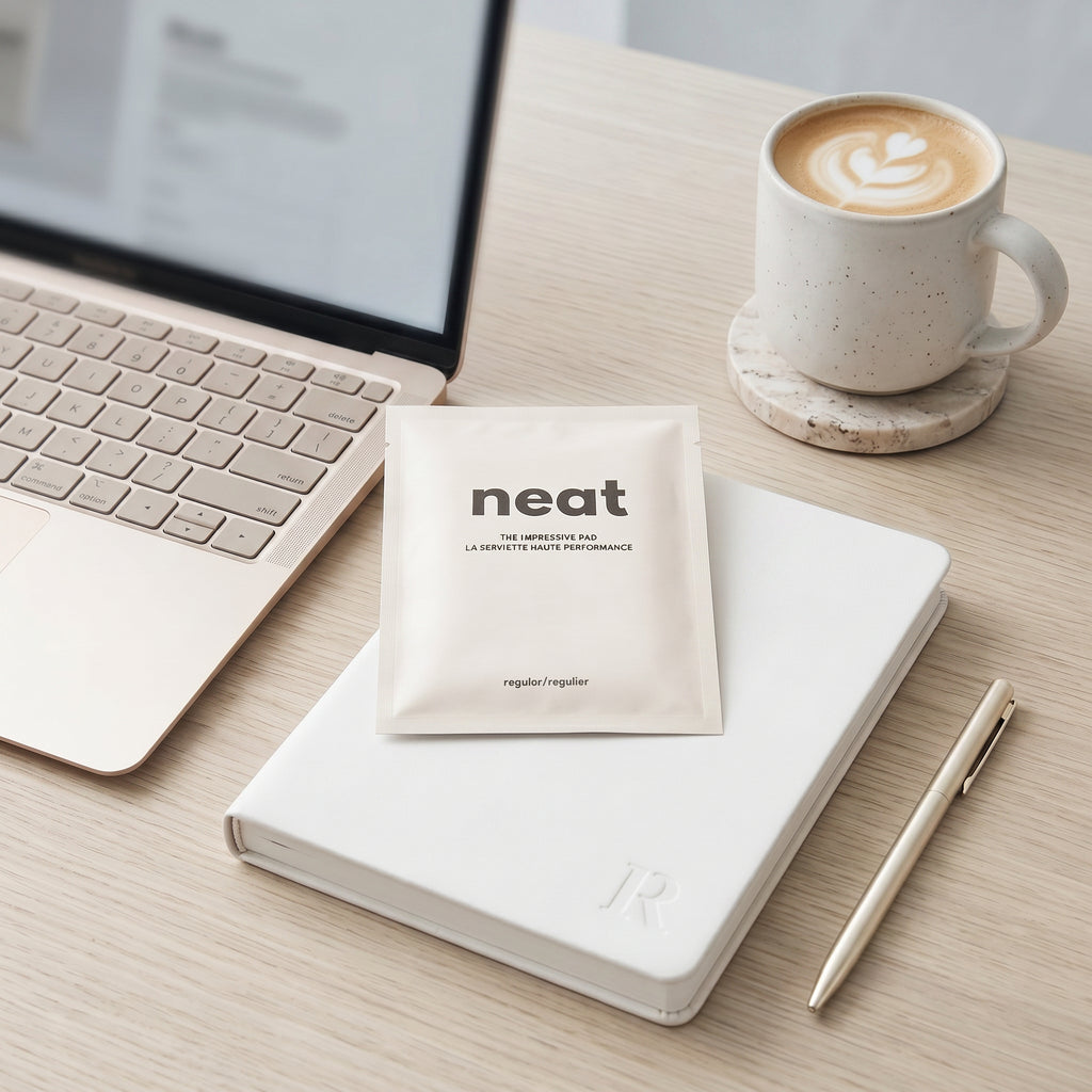 premium menstrual care product on a clean workspace desk