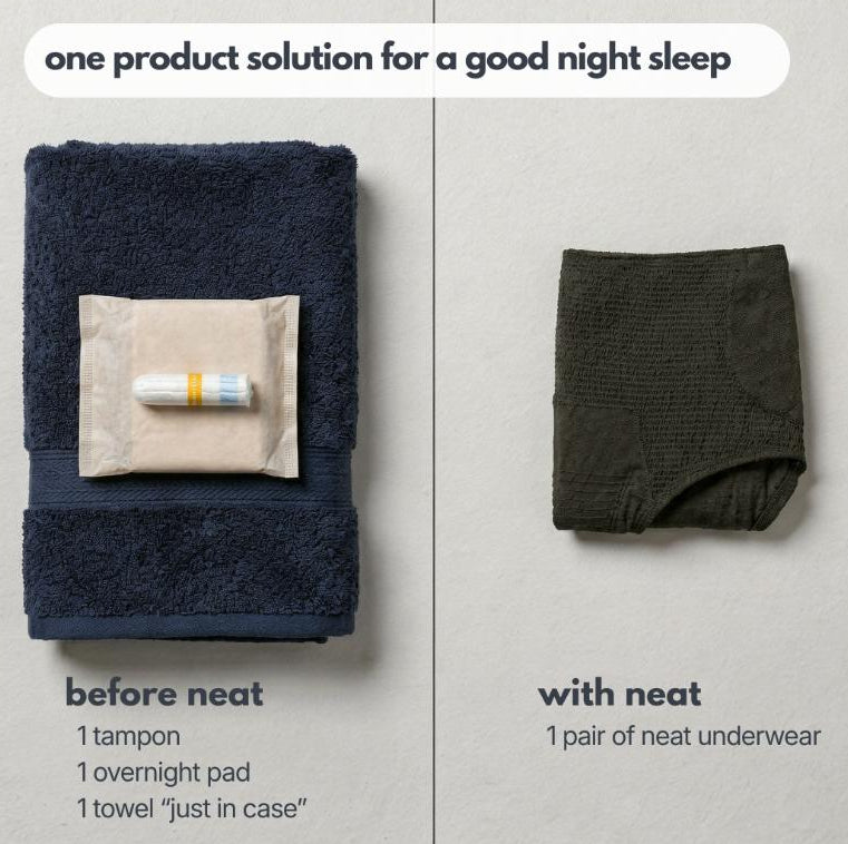 comparison of traditional overnight period routine versus neat overnight underwear for one product worry-free sleep