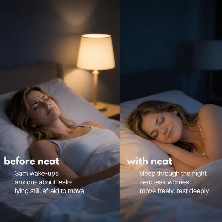 comparison showing stressful sleep during periods versus calm overnight protection with neat period underwear