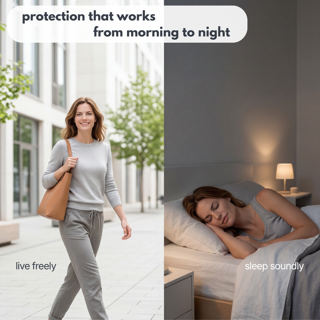 woman feeling comfortable and confident using neat period care products day and night. She lives freely and sleep soundly.