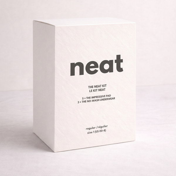 The Neat Kit premium menstrual care set with ultra-dry pads and overnight underwear